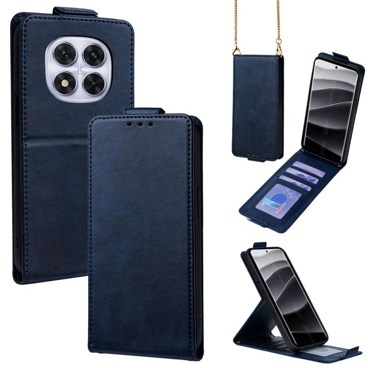

For Redmi Note 14 Pro 5G Global Vertical Flip Cover Solid Color Vegan Leather Phone Case with Crossbody Chain(Blue)