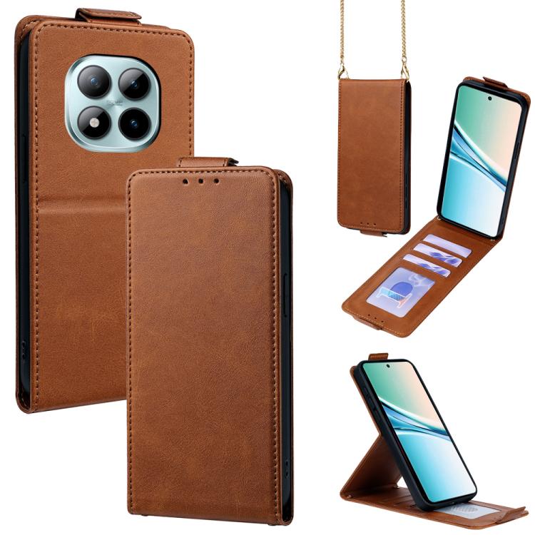 For Redmi Note 15 4G / 5G Global 164mm Vertical Flip Cover Solid Color Vegan Leather Phone Case with Crossbody Chain(Brown)
