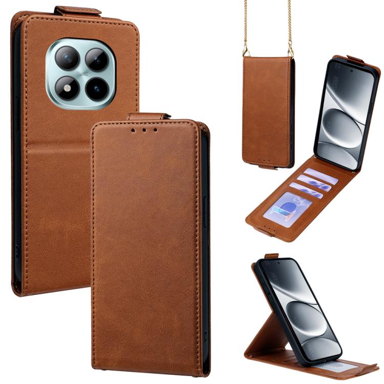 

For Redmi Note 15 Pro 5G Global 163.6mm Vertical Flip Cover Solid Color Vegan Leather Phone Case with Crossbody Chain(Brown)
