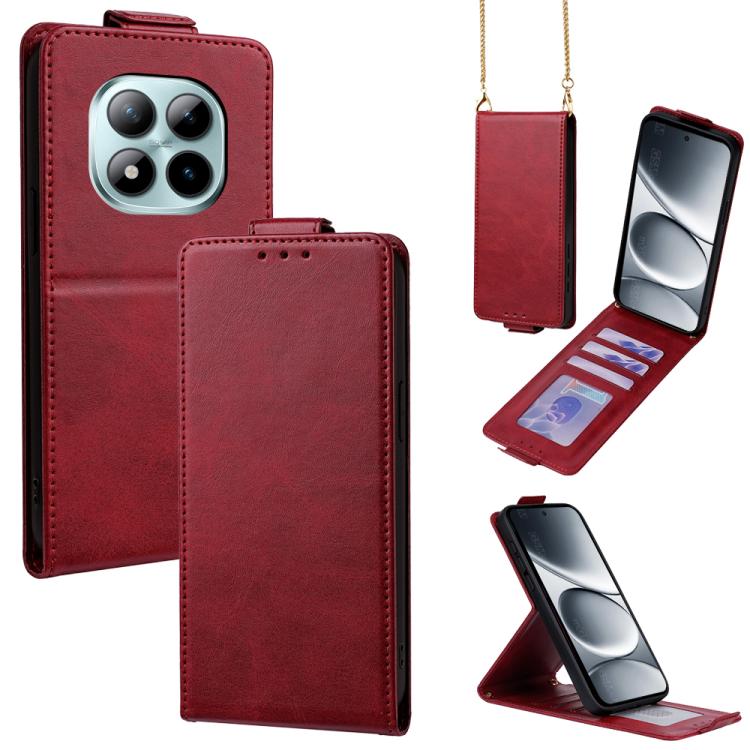 

For Redmi Note 15 Pro 5G Global 163.6mm Vertical Flip Cover Solid Color Vegan Leather Phone Case with Crossbody Chain(Red)