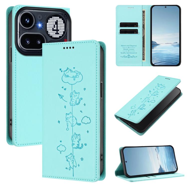 

For Nothing Phone 4a Pro Cute Cats Embossed Magnetic RFID Vegan Leather Phone Case(Mint Green)