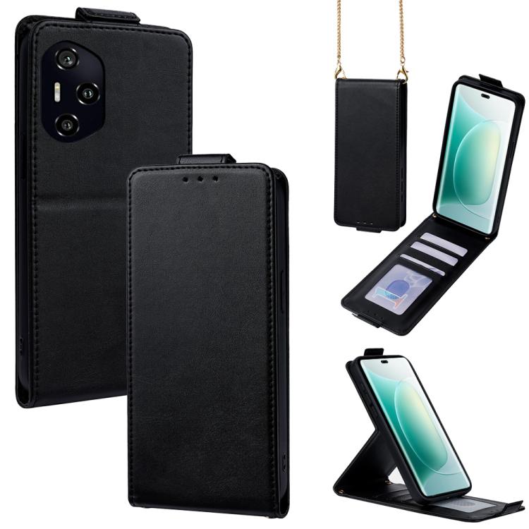 

For Honor 300 Pro 5G / 300 Ultra 5G Vertical Flip Cover Solid Color Vegan Leather Phone Case with Crossbody Chain(Black)