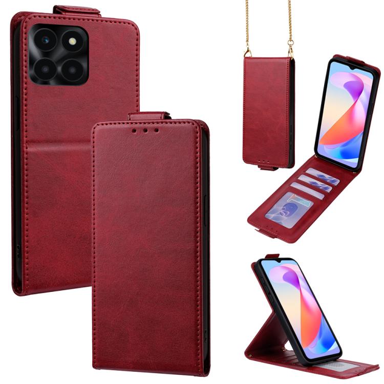 

For Honor X6a 4G Vertical Flip Cover Solid Color Vegan Leather Phone Case with Crossbody Chain(Red)