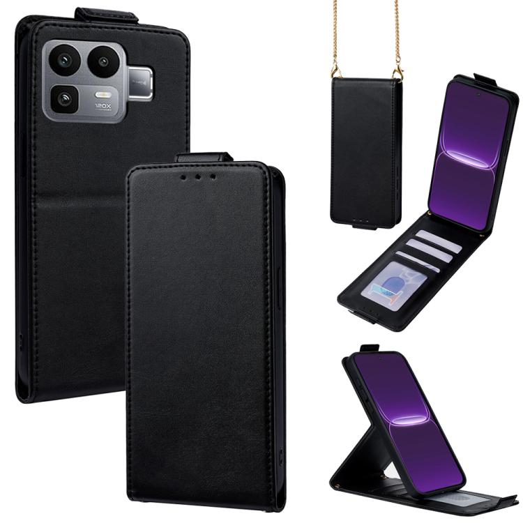 

For Realme Neo8 5G Vertical Flip Cover Solid Color Vegan Leather Phone Case with Crossbody Chain(Black)