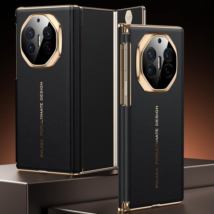 For Huawei Mate XT / Mate XTs SULADA Electroplated Frame Dual-Axis Magnetic Genuine Leather Phone Case(Black)