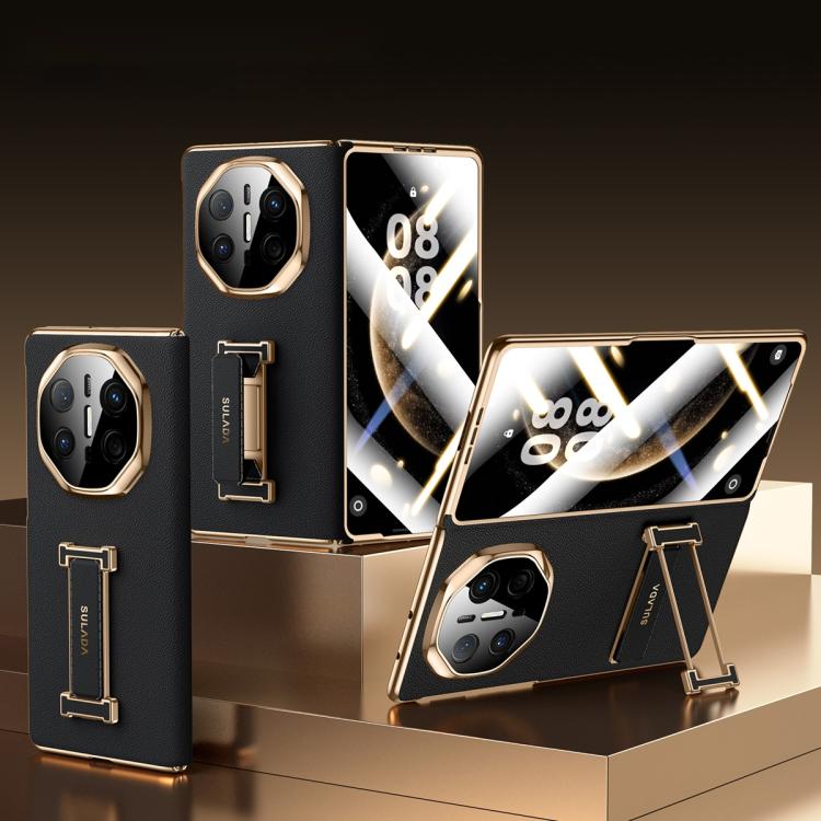 

For Huawei Mate X6 SULADA Wristband Holder Shell Film Integrated Genuine Leather Phone Case(Black)