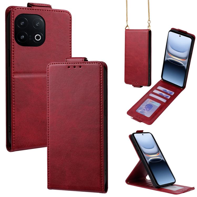 For vivo iQOO 13 Vertical Flip Cover Solid Color Vegan Leather Phone Case with Crossbody Chain(Red)