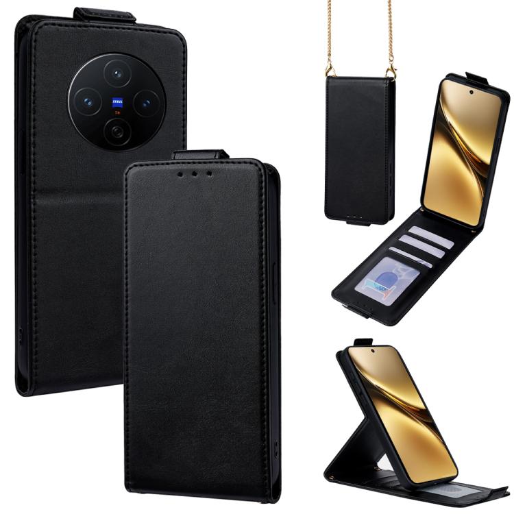 

For vivo X200 5G Vertical Flip Cover Solid Color Vegan Leather Phone Case with Crossbody Chain(Black)