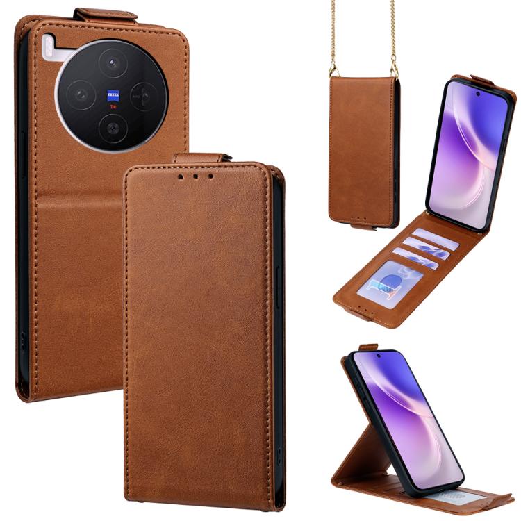

For vivo X300 5G Vertical Flip Cover Solid Color Vegan Leather Phone Case with Crossbody Chain(Brown)