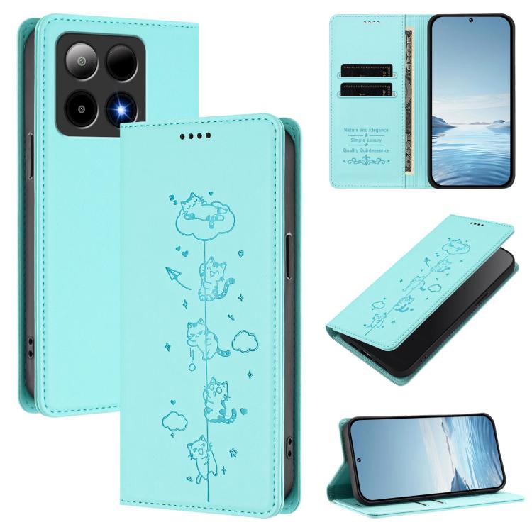 

For Boost Mobile Summit 5G Cute Cats Embossed Magnetic RFID Vegan Leather Phone Case(Mint Green)