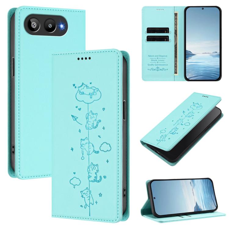

For BLU G95 Cute Cats Embossed Magnetic RFID Vegan Leather Phone Case(Mint Green)