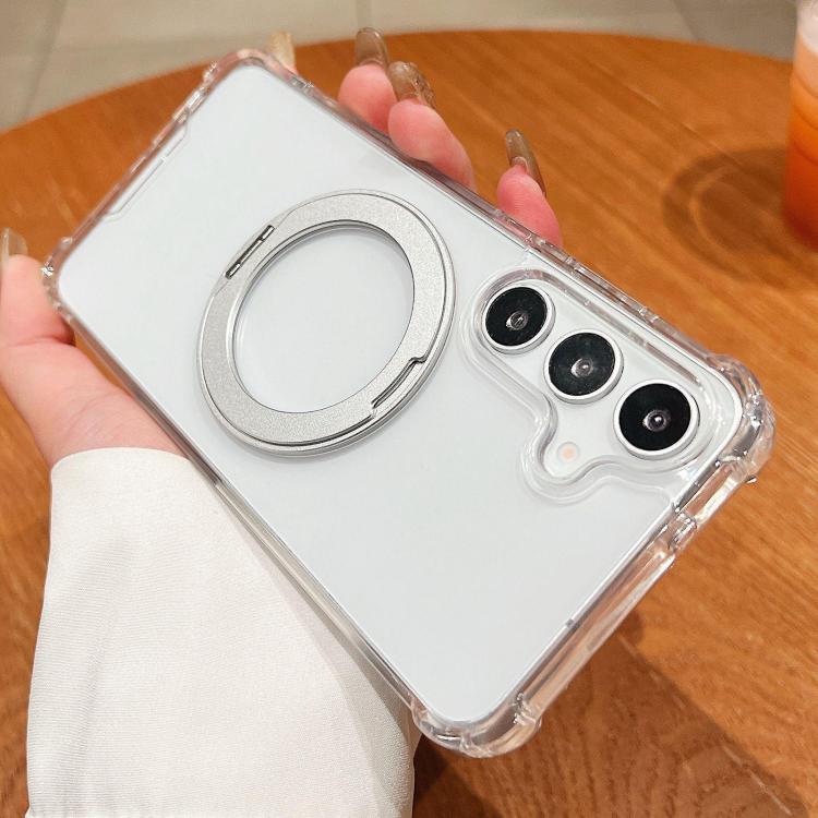 For Galaxy S26 FE 5G Four Corner Shockproof Space Magnetic Phone Case with 360 Degrees Rotating Holder(Transparent)