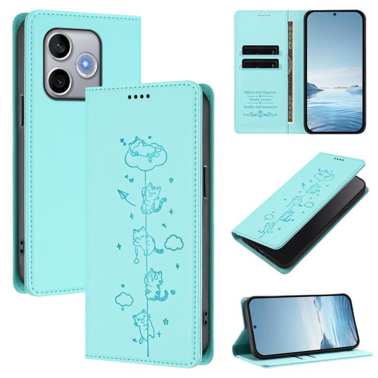 

For Honor 600 Lite Global Cute Cats Embossed Magnetic RFID Vegan Leather Phone Case(Mint Green)