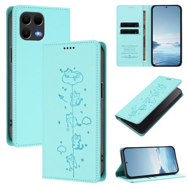 For T-Mobile REVVL 8 Pro 5G / T Phone 3 Pro 5G Cute Cats Embossed Magnetic RFID Vegan Leather Phone Case(Mint Green)