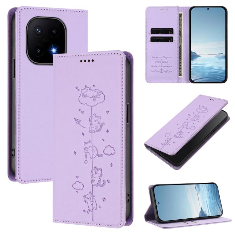 

For vivo iQOO 15 5G Cute Cats Embossed Magnetic RFID Vegan Leather Phone Case(Light Purple)