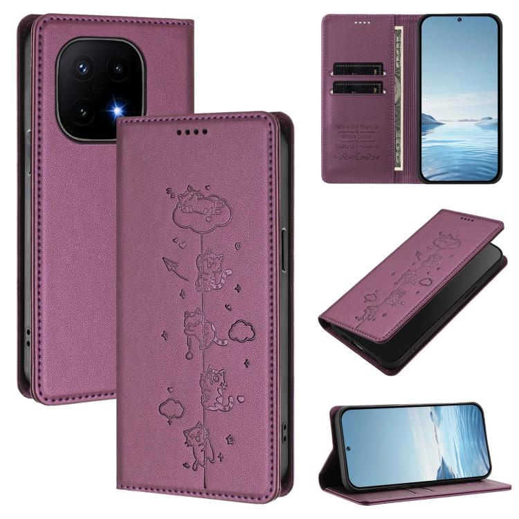 

For vivo iQOO 15 5G Cute Cats Embossed Magnetic RFID Vegan Leather Phone Case(Violet Purple)