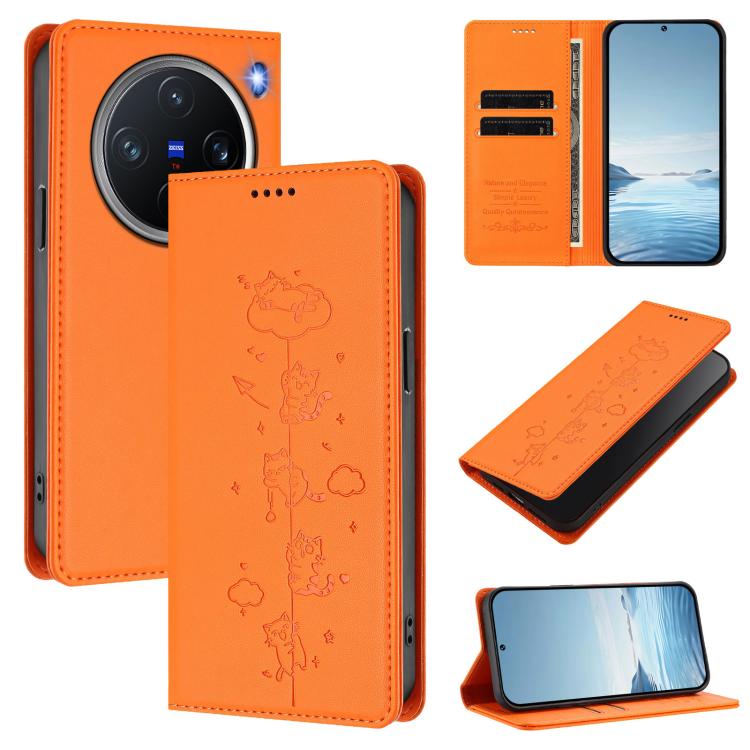 

For vivo X200 Pro mini Cute Cats Embossed Magnetic RFID Vegan Leather Phone Case(Orange)