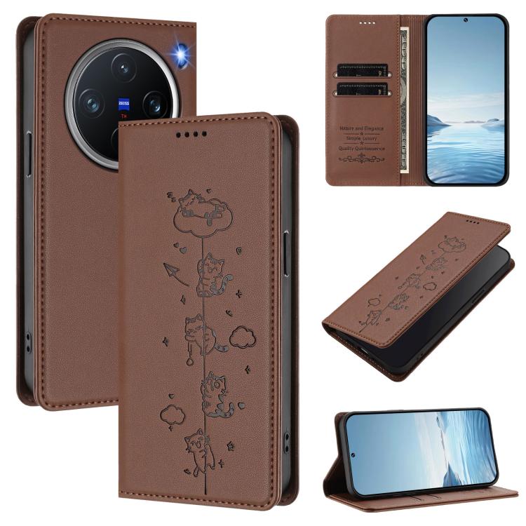 

For vivo X200 Pro mini Cute Cats Embossed Magnetic RFID Vegan Leather Phone Case(Brown)