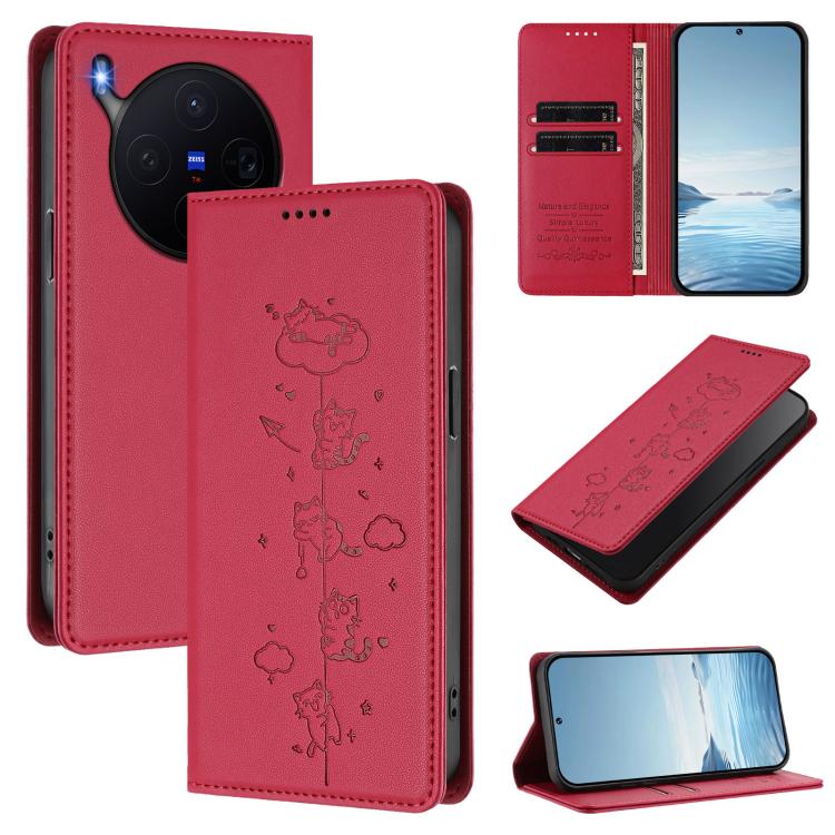 

For vivo X300 Cute Cats Embossed Magnetic RFID Vegan Leather Phone Case(Red)