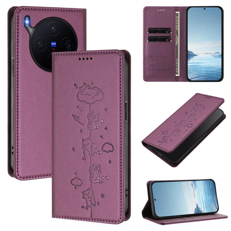 

For vivo X300 Cute Cats Embossed Magnetic RFID Vegan Leather Phone Case(Violet Purple)