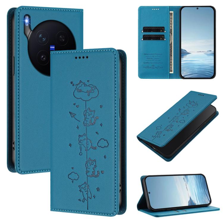 

For vivo X300 Pro Cute Cats Embossed Magnetic RFID Vegan Leather Phone Case(Lake Blue)
