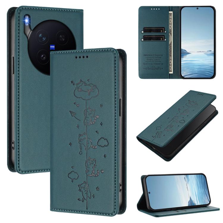 

For vivo X300 Pro Cute Cats Embossed Magnetic RFID Vegan Leather Phone Case(Peacock Green)