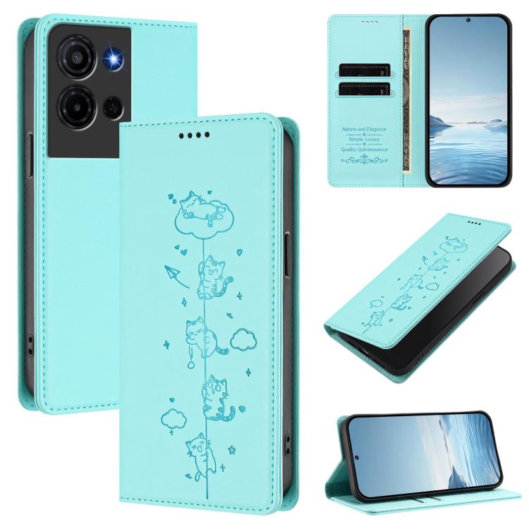 For TCL K32 5G / K33 5G Cute Cats Embossed Magnetic RFID Vegan Leather Phone Case(Mint Green)