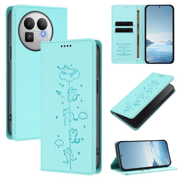 

For Realme GT 8 Pro Global Cute Cats Embossed Magnetic RFID Vegan Leather Phone Case(Mint Green)