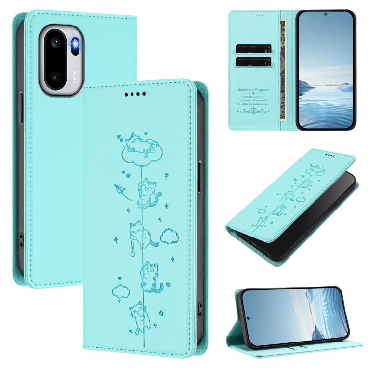 

For OnePlus 15R / Ace 6 / Ace 6T Cute Cats Embossed Magnetic RFID Vegan Leather Phone Case(Mint Green)