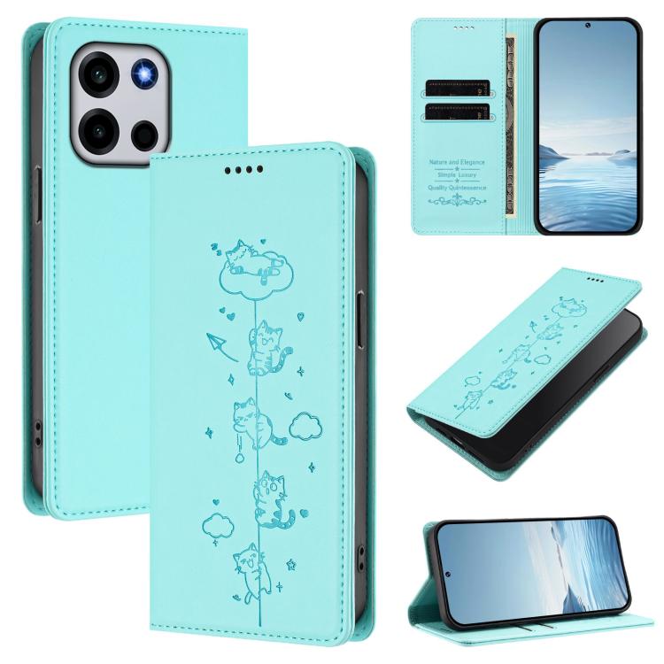 

For OnePlus Turbo 6 / Turbo 6V 5G Cute Cats Embossed Magnetic RFID Vegan Leather Phone Case(Mint Green)