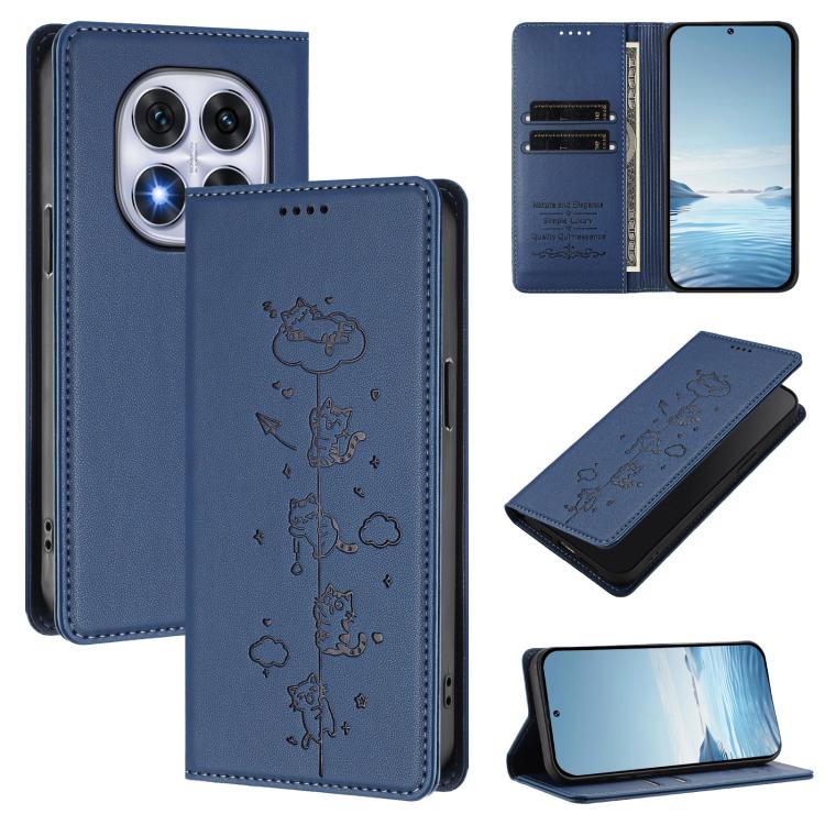 

For Redmi Note 14 Pro 5G / Note 14 Pro+ 5G Cute Cats Embossed Magnetic RFID Vegan Leather Phone Case(Dark Blue)