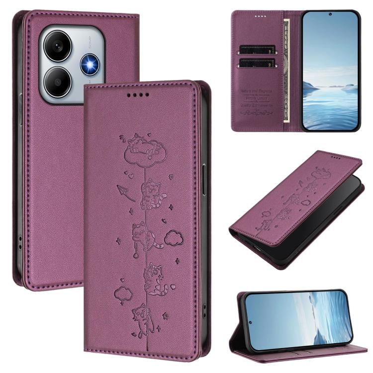 

For Redmi Note 14 5G / Xiaomi Poco M7 Pro 5G Cute Cats Embossed Magnetic RFID Vegan Leather Phone Case(Violet Purple)