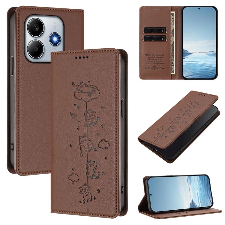 

For Redmi Note 14 5G / Xiaomi Poco M7 Pro 5G Cute Cats Embossed Magnetic RFID Vegan Leather Phone Case(Brown)