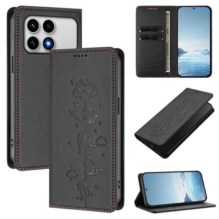 

For Redmi K90 / Xiaomi Poco F8 Pro 5G Cute Cats Embossed Magnetic RFID Vegan Leather Phone Case(Black)