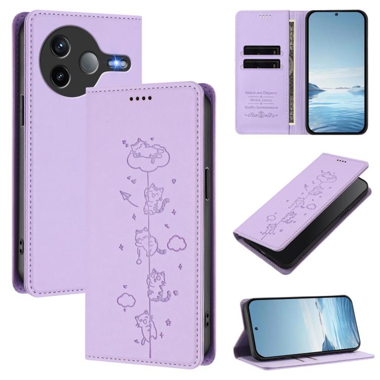 For Redmi K80 / Xiaomi Poco F7 Pro Cute Cats Embossed Magnetic RFID Vegan Leather Phone Case(Light Purple)