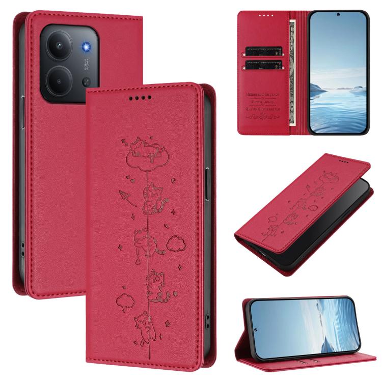 

For Redmi 15C 5G / 4G Global 171mm / Poco C85 4G Cute Cats Embossed Magnetic RFID Vegan Leather Phone Case(Red)