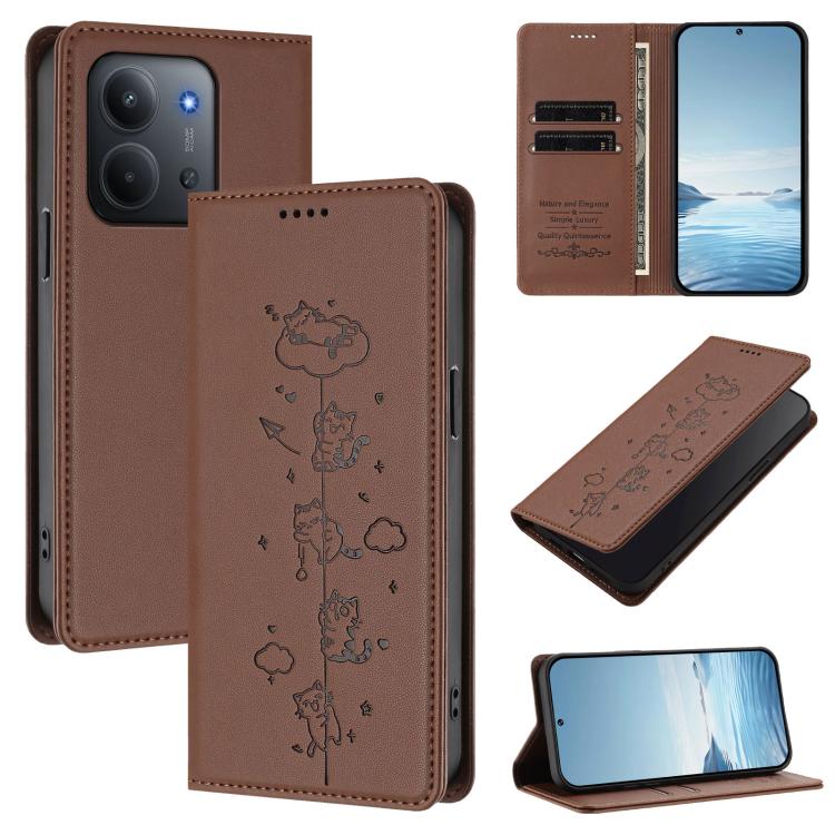 For Redmi 15C 5G / 4G Global 171mm / Poco C85 4G Cute Cats Embossed Magnetic RFID Vegan Leather Phone Case(Brown)