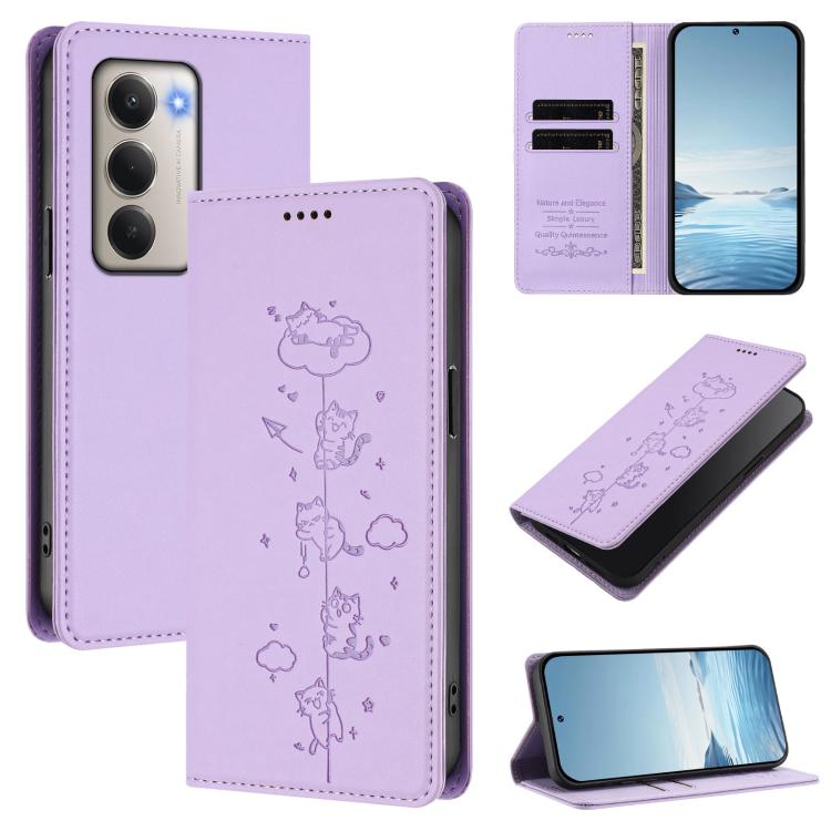 

For Redmi 15 5G / 4G EU 171mm Cute Cats Embossed Magnetic RFID Vegan Leather Phone Case(Light Purple)