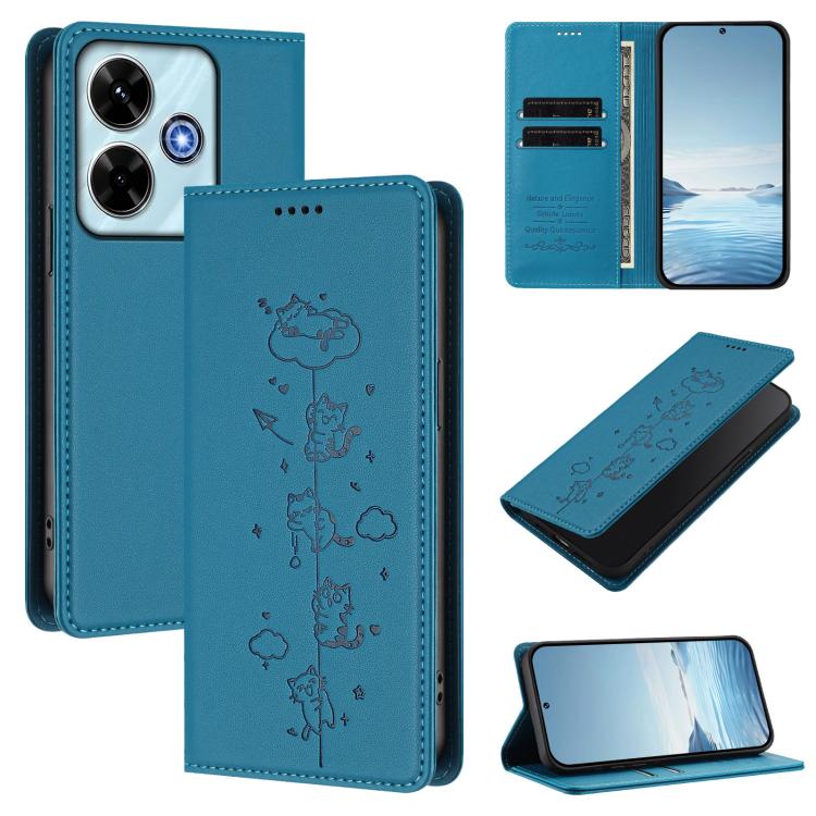 For Redmi 13 4G / 5G / 13x / Poco M6 4G Cute Cats Embossed Magnetic RFID Vegan Leather Phone Case(Lake Blue)