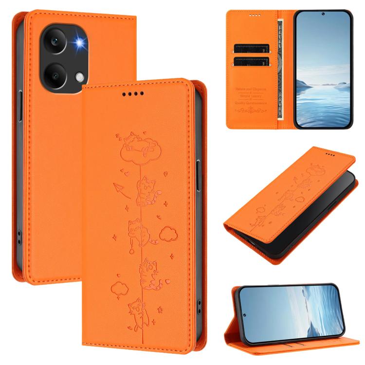 For Redmi Turbo 5 Max 5G / Poco X8 Pro Max 5G Cute Cats Embossed Magnetic RFID Vegan Leather Phone Case(Orange)