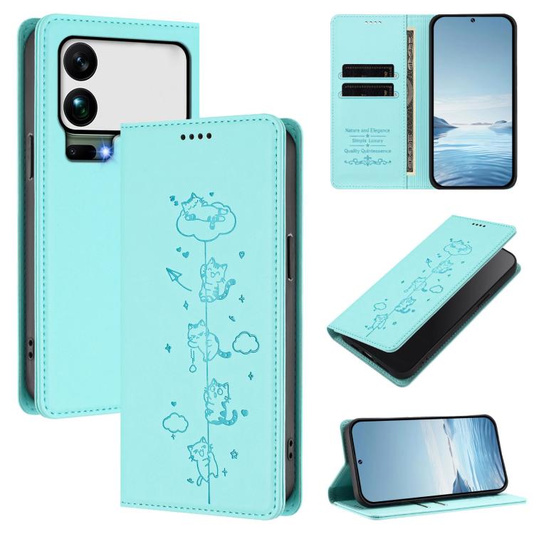 

For Xiaomi 17 Pro Max Cute Cats Embossed Magnetic RFID Vegan Leather Phone Case(Mint Green)