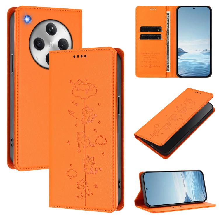 

For OPPO Find X8 Cute Cats Embossed Magnetic RFID Vegan Leather Phone Case(Orange)