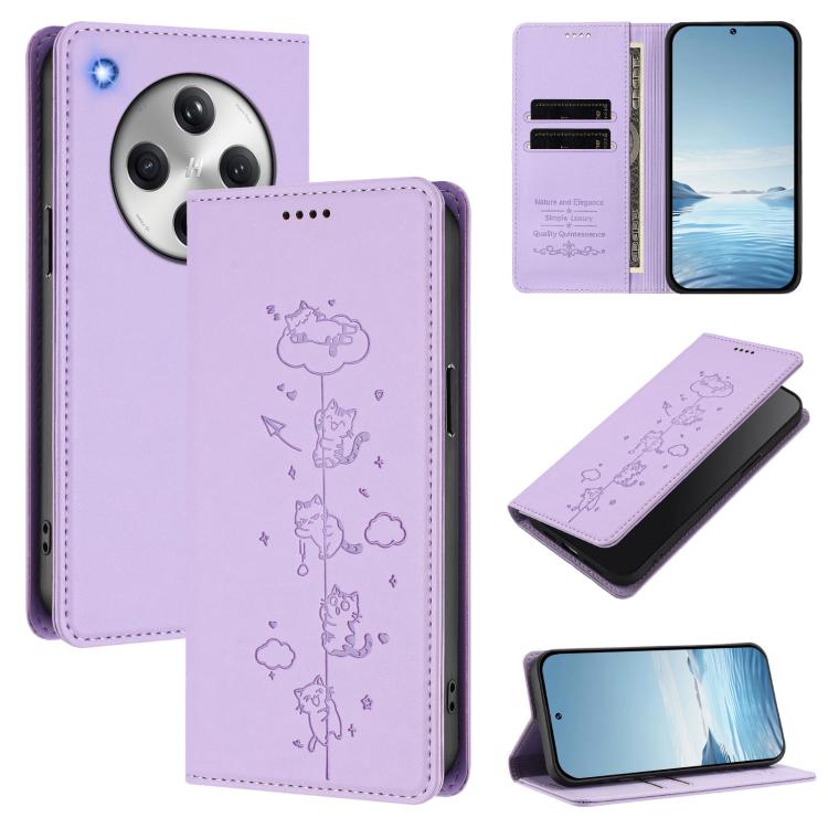 

For OPPO Find X8 Cute Cats Embossed Magnetic RFID Vegan Leather Phone Case(Light Purple)