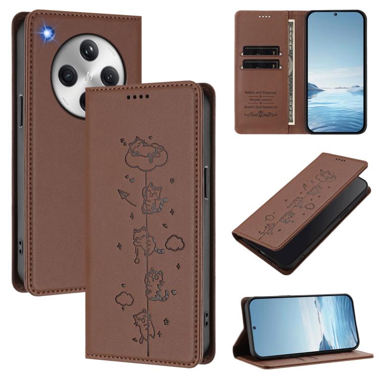 

For OPPO Find X8 Cute Cats Embossed Magnetic RFID Vegan Leather Phone Case(Brown)