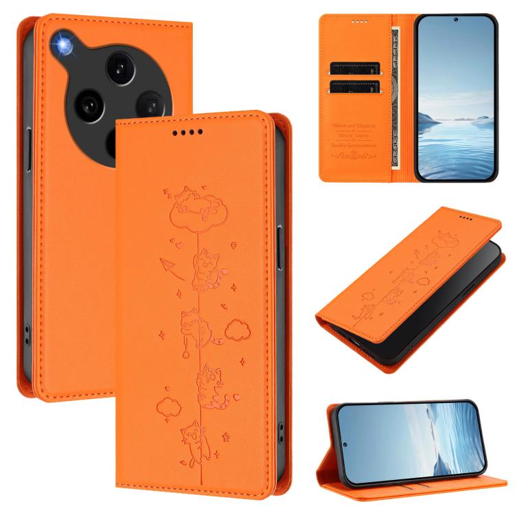 

For OPPO Find X8 Ultra Cute Cats Embossed Magnetic RFID Vegan Leather Phone Case(Orange)