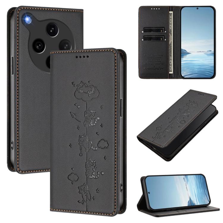 

For OPPO Find X8 Ultra Cute Cats Embossed Magnetic RFID Vegan Leather Phone Case(Black)