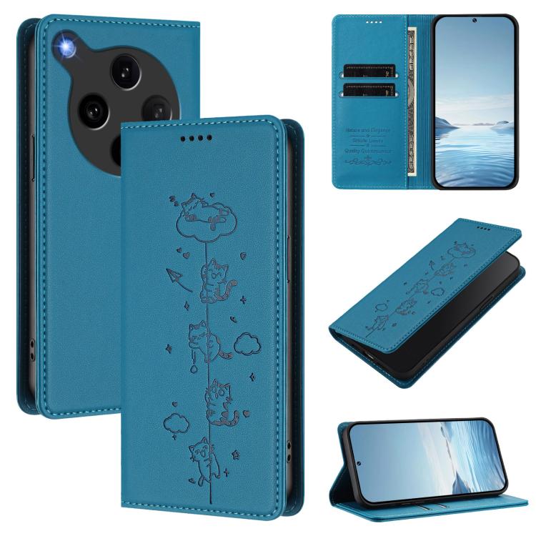 

For OPPO Find X8 Ultra Cute Cats Embossed Magnetic RFID Vegan Leather Phone Case(Lake Blue)