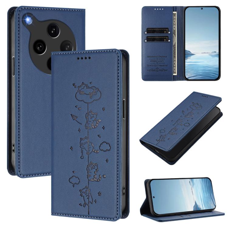 

For OPPO Find X8 Ultra Cute Cats Embossed Magnetic RFID Vegan Leather Phone Case(Dark Blue)