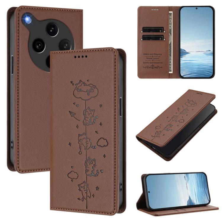 

For OPPO Find X8 Ultra Cute Cats Embossed Magnetic RFID Vegan Leather Phone Case(Brown)