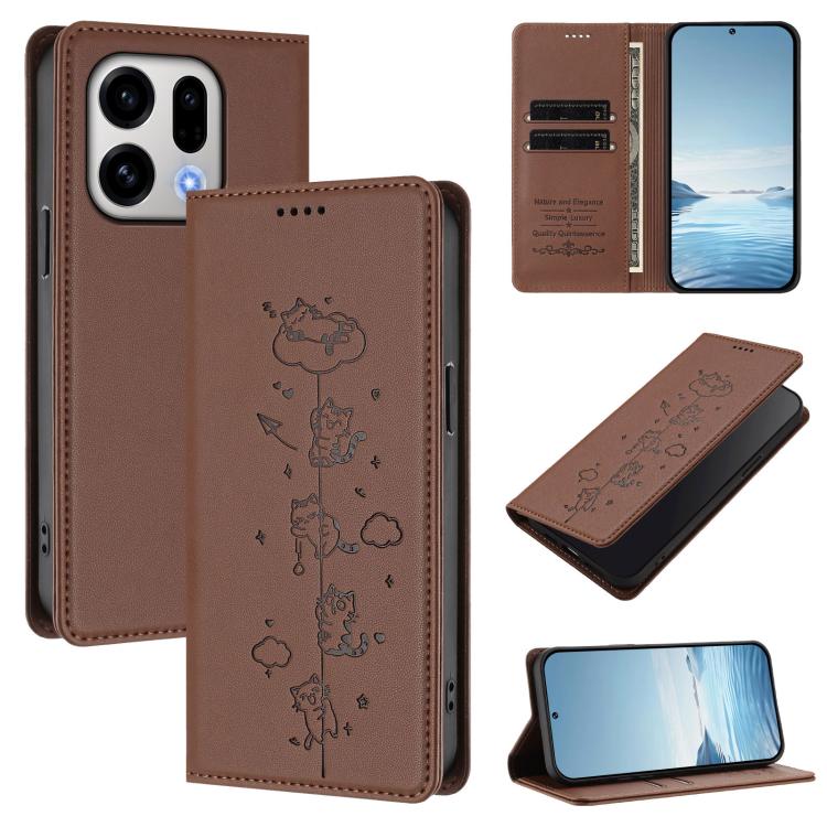 

For OPPO Find X9 Cute Cats Embossed Magnetic RFID Vegan Leather Phone Case(Brown)